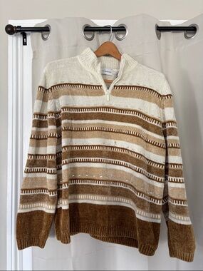 Alfred Dunner Cream and Brown Striped Zip Sweater